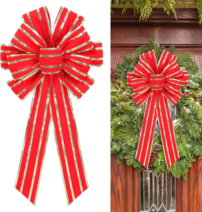 RoseCraft Red/Gold Christmas Bow, 9”x13” Large Velvet Christmas Tree Topper Bow Ornaments for Home Xmas Tree Wreath Fence Stairs Railing Fireplace Front Door Party Valentine's Day Decoration. - Image 1